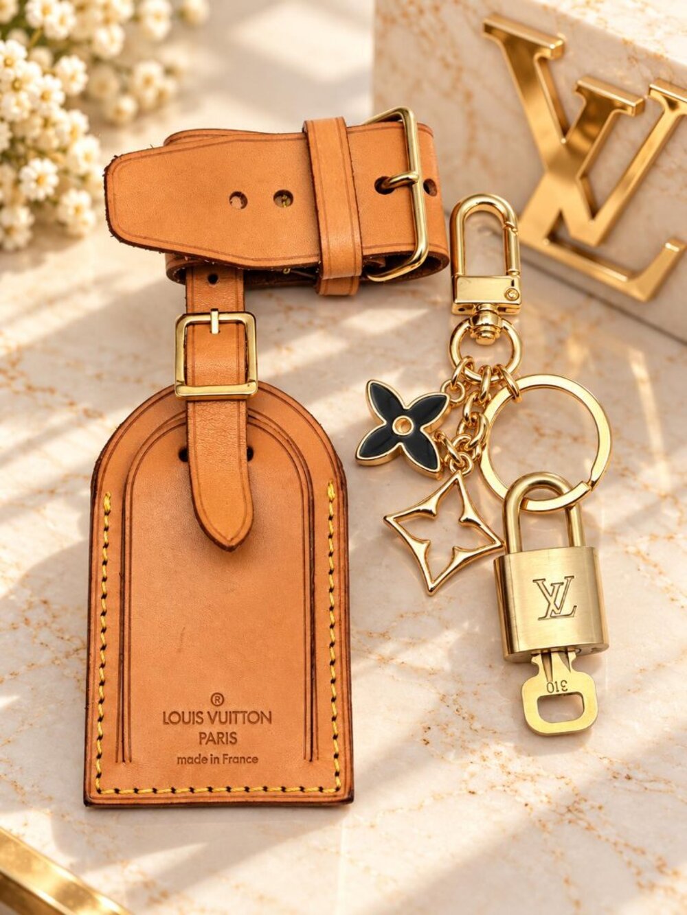 Authentic Louis Vuitton Luggage Nametag and Gold Padlock with Unbranded Keycharm